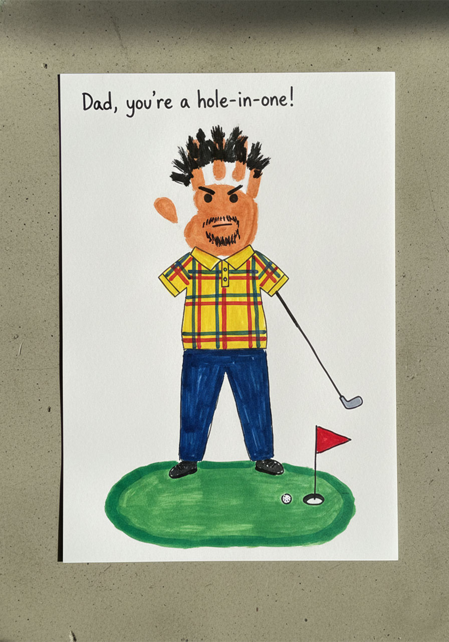 Finished Father's Day hole-in-one golf dad handprint craft showing a golfer figure with yellow polo shirt on a putting green made from two child handprints on white cardstock