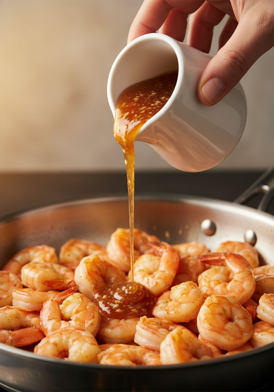 Pouring honey garlic sauce over cooked shrimp in a skillet — easy 20 minute high-protein dinner