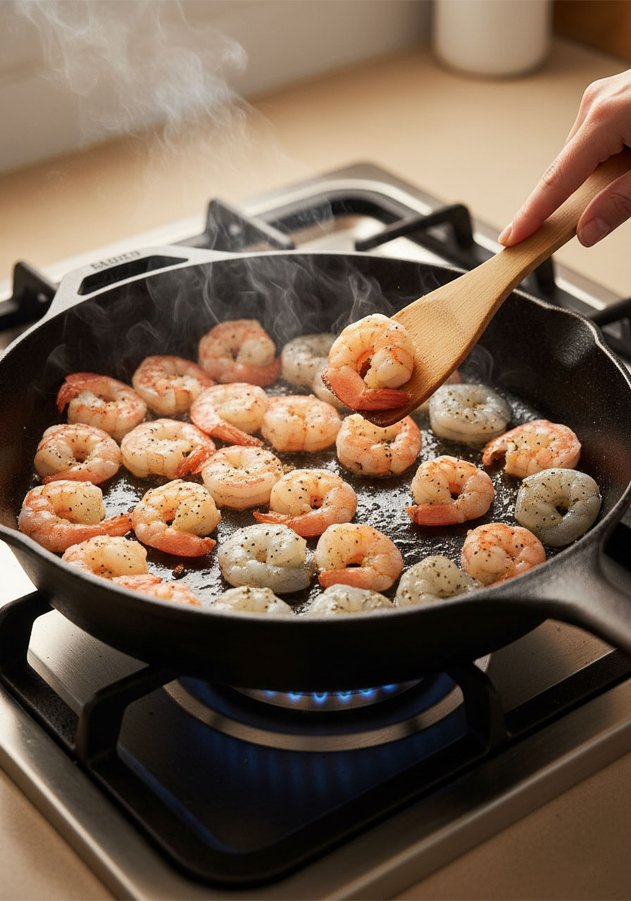 Shrimp searing in a cast iron skillet — how to cook honey garlic shrimp perfectly