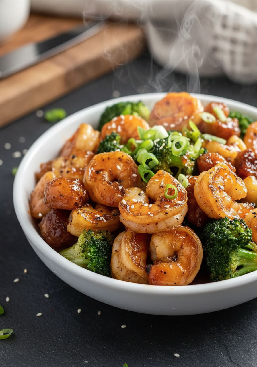Honey garlic shrimp with broccoli in a white bowl — high-protein dinner ready in 20 minutes