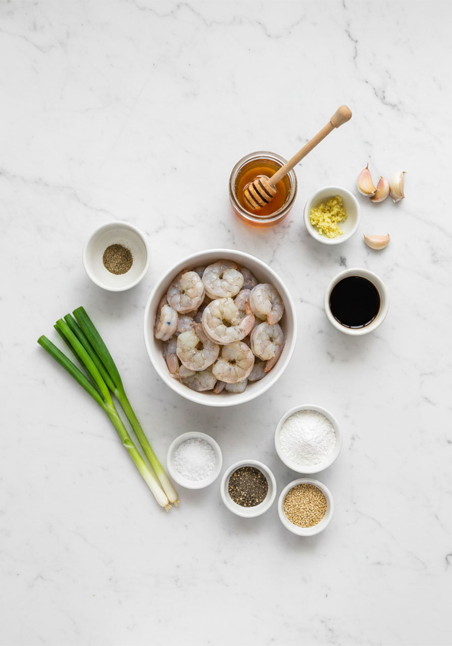 Flat lay of all ingredients needed to make honey garlic shrimp — honey, garlic, soy sauce, shrimp, and olive oil