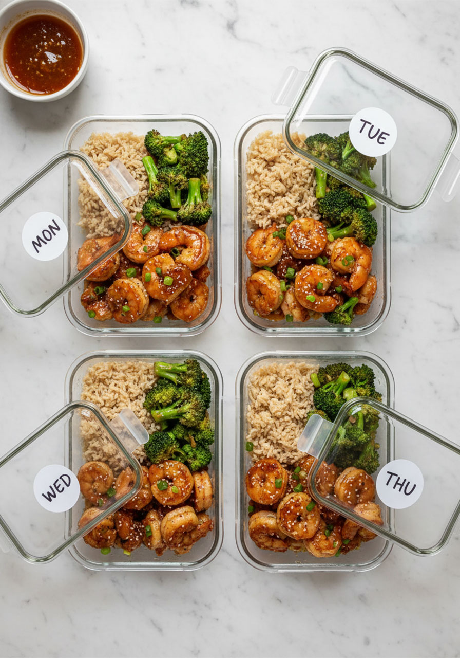 Honey garlic shrimp meal prep containers for the week — high-protein lunch prep idea