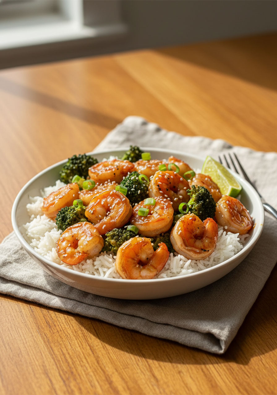 Honey garlic shrimp served over jasmine rice in a bowl — healthy high-protein dinner idea