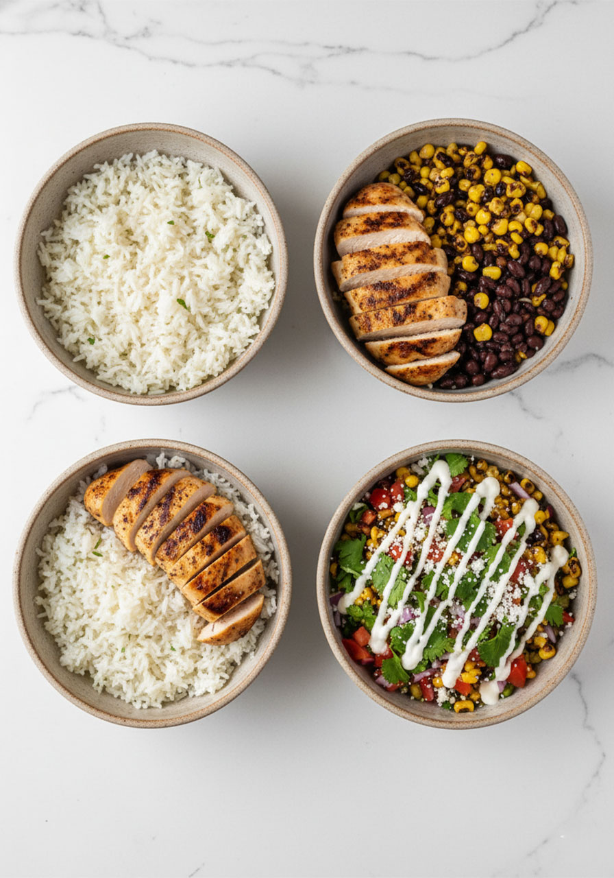 Step-by-step assembly of a street corn chicken rice bowl from rice base to fully topped finished bowl
