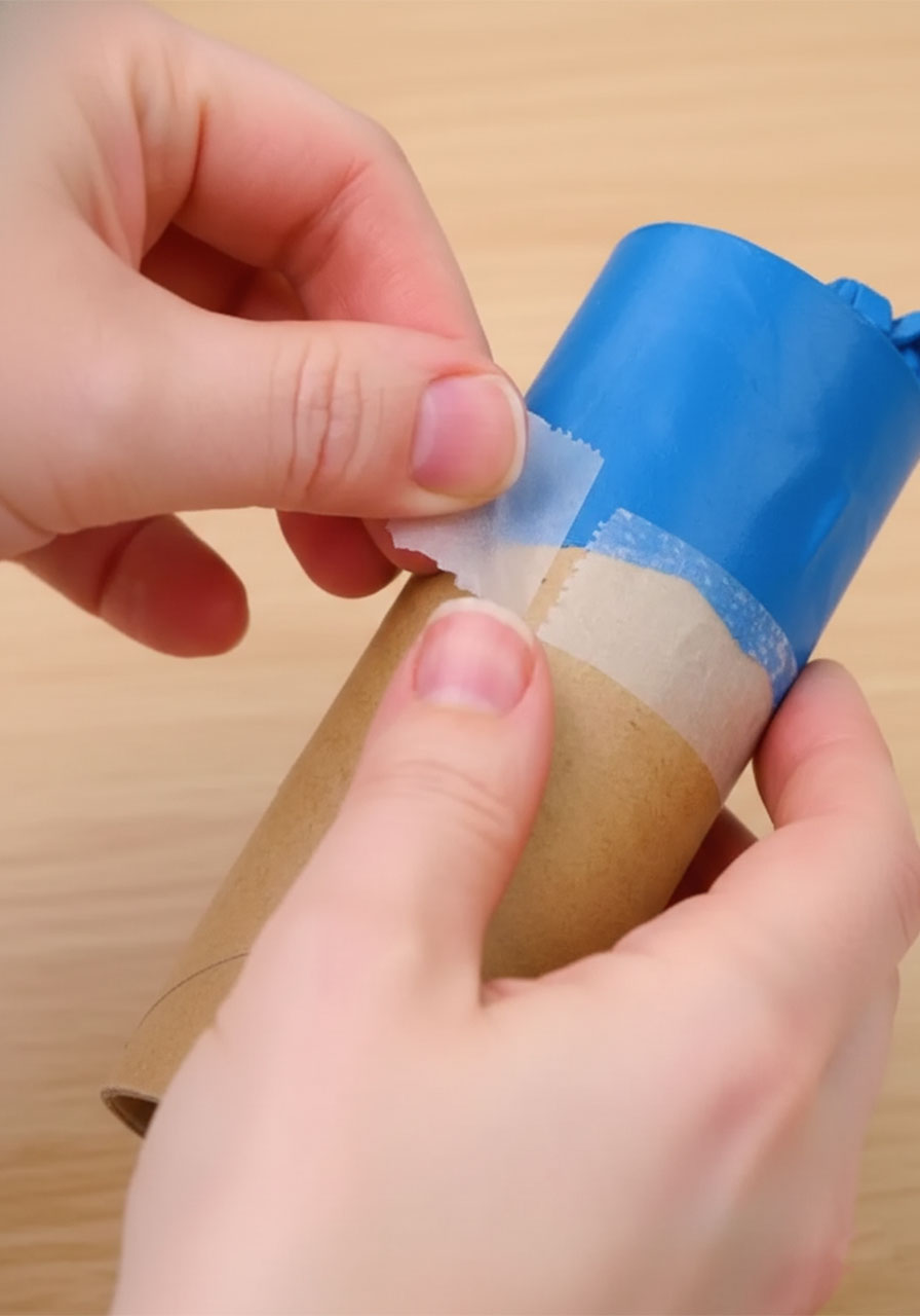 Three-step process showing how to tie cut and stretch a red balloon over a toilet paper roll to make a DIY confetti popper step 1&2d