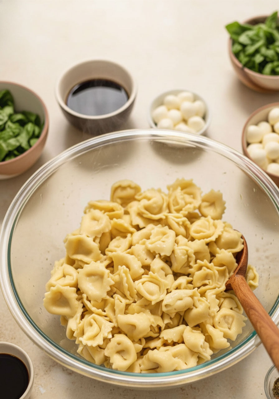 Freshly cooked and cooled cheese tortellini in a large glass mixing bowl ready to be assembled into caprese pasta salad