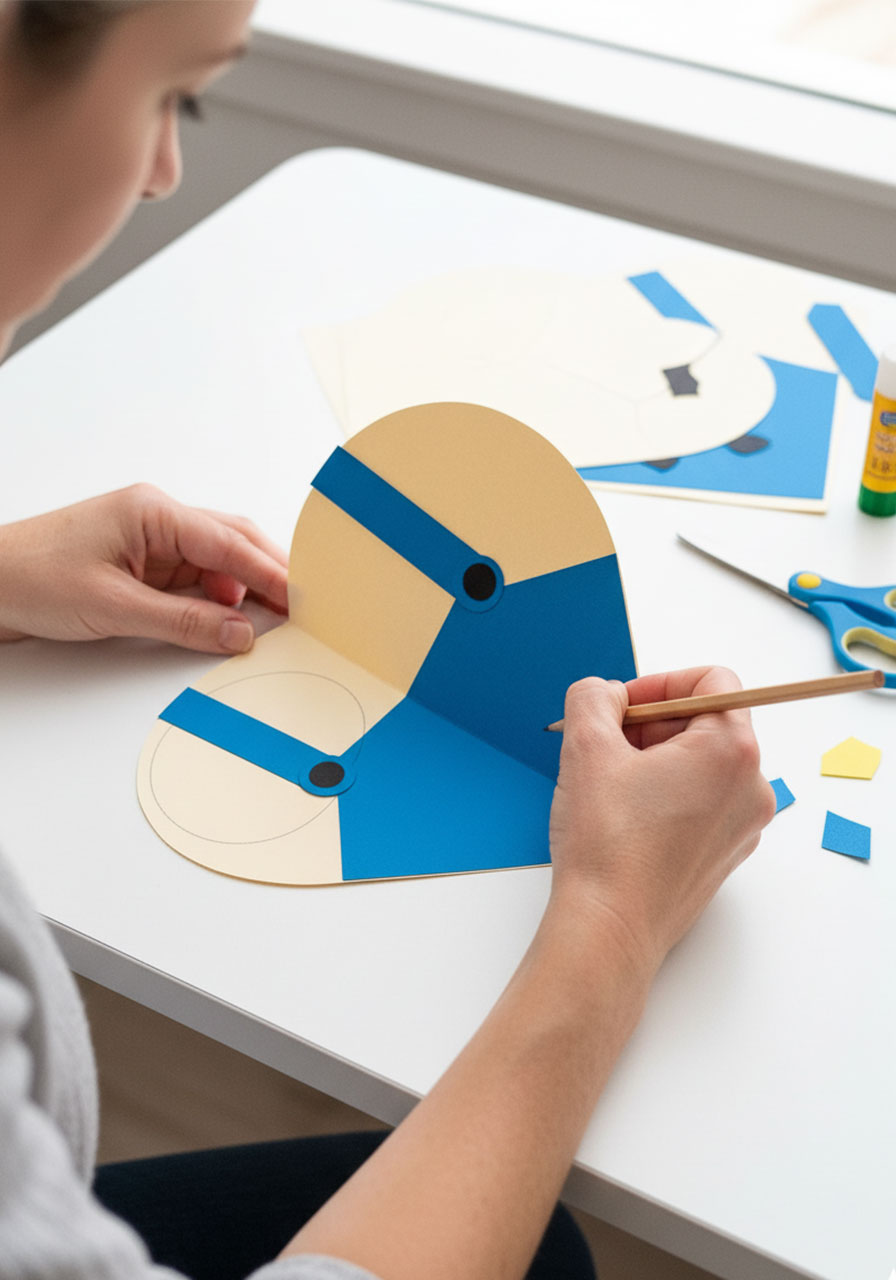 Hands folding beige cardstock and tracing heart template to create Father's Day handy dad heart card base