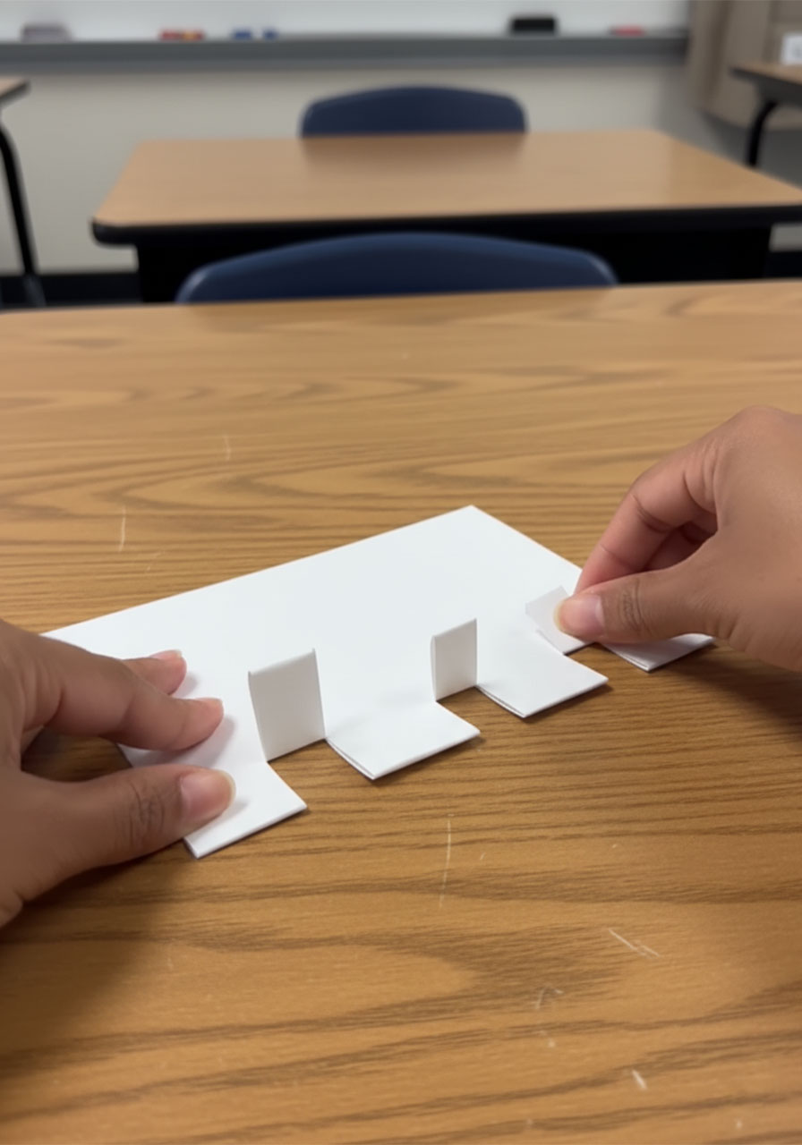 Hands cutting three sets of parallel slits along the folded edge of white cardstock to create the 3D pop-up card mechanism step1c