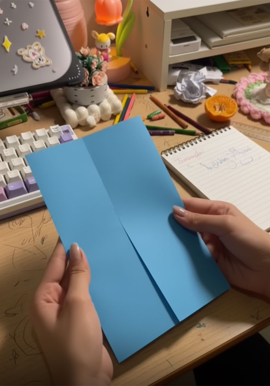 Hands folding royal blue paper inward to form the suit jacket base for a DIY Father's Day card, with a ruler for reference on a white table step1a