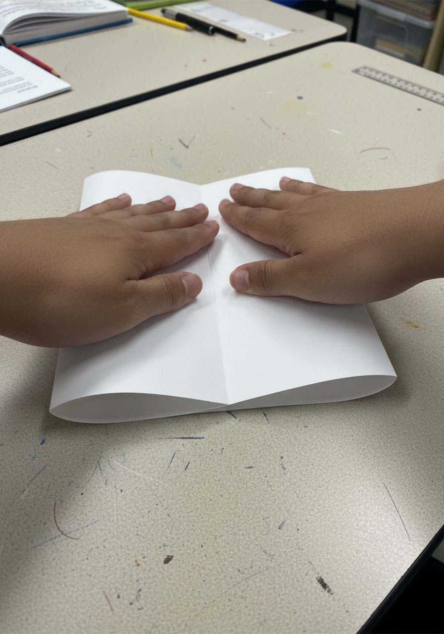 Hands folding white cardstock into dress shirt collar shape for DIY Father's Day card craft tutorial step1a