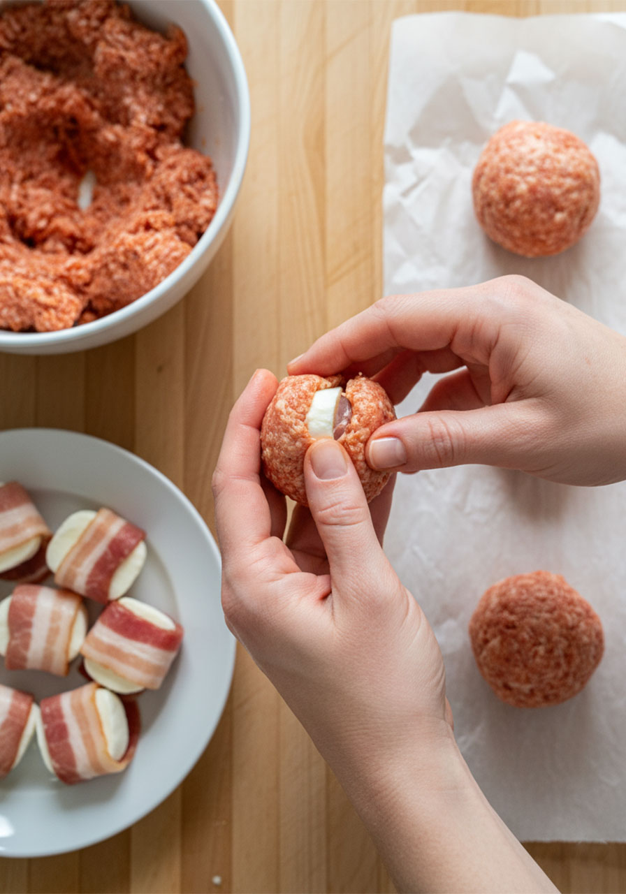 Hands shaping buffalo chicken bacon mozzarella bombs around bacon-wrapped mozzarella cube on wooden cutting board