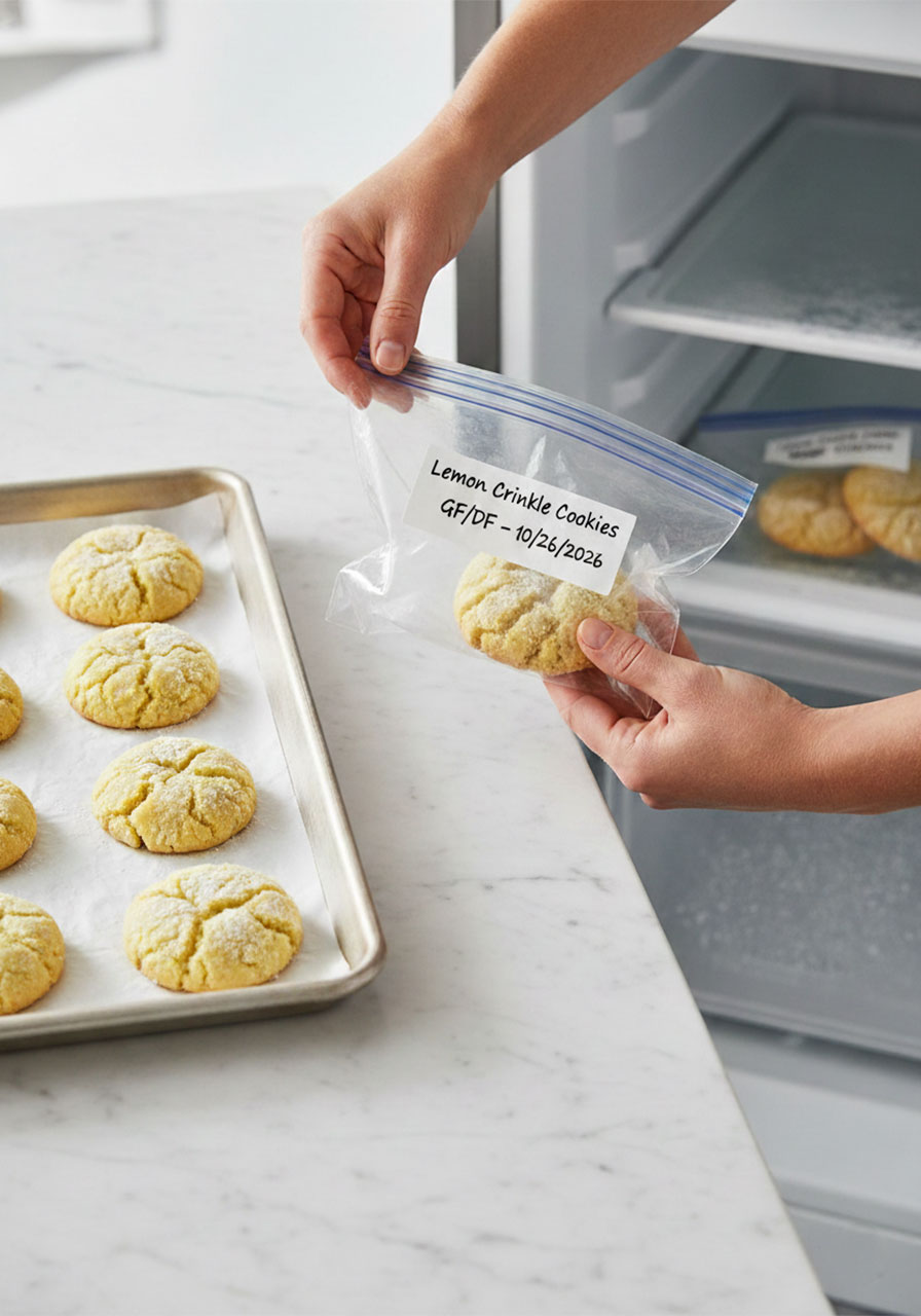 Gluten-free lemon crinkle cookies being transferred to a labeled zip-top freezer bag for storage, with a parchment-lined tray of cooled cookies beside it