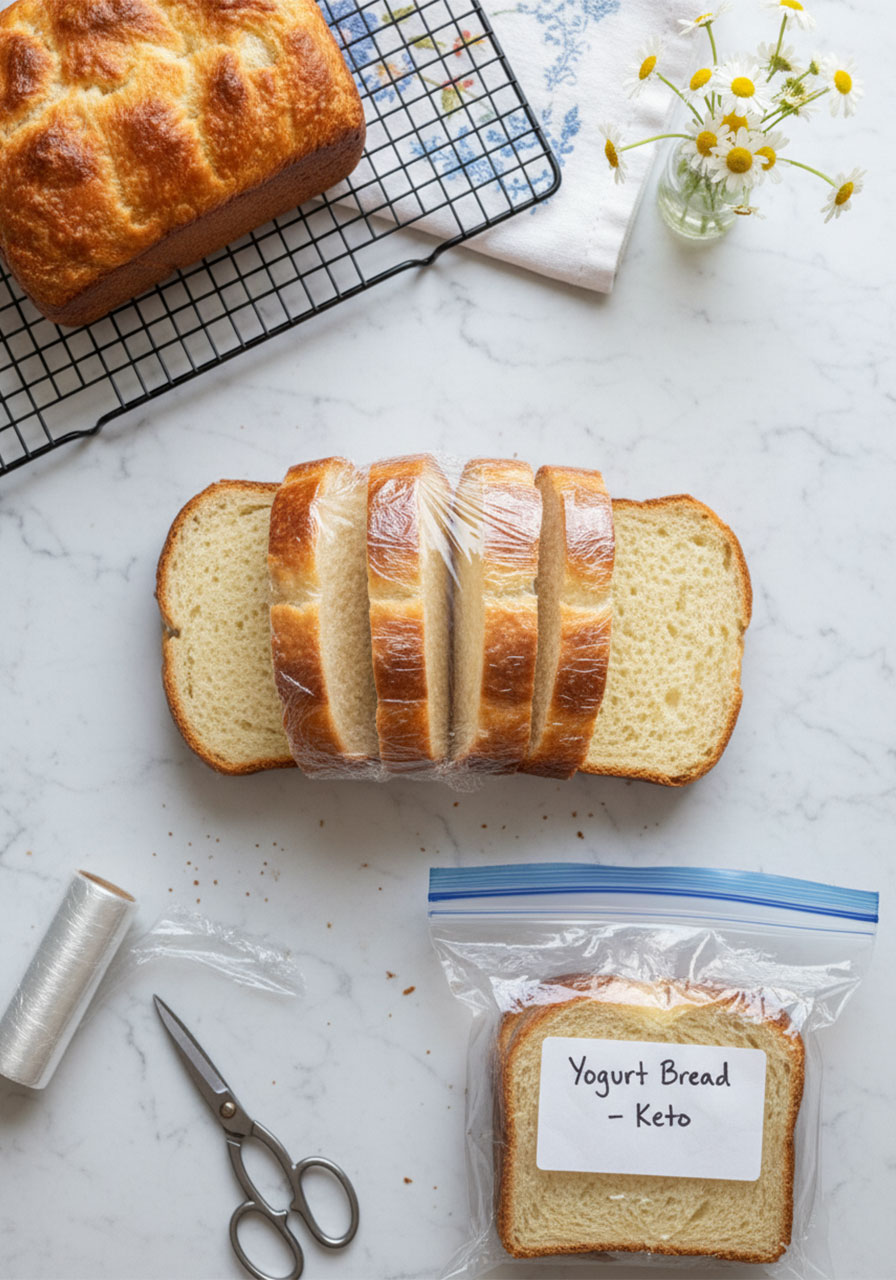 Zero carb yogurt bread slices individually wrapped in plastic and stored in freezer bags for keto meal prep