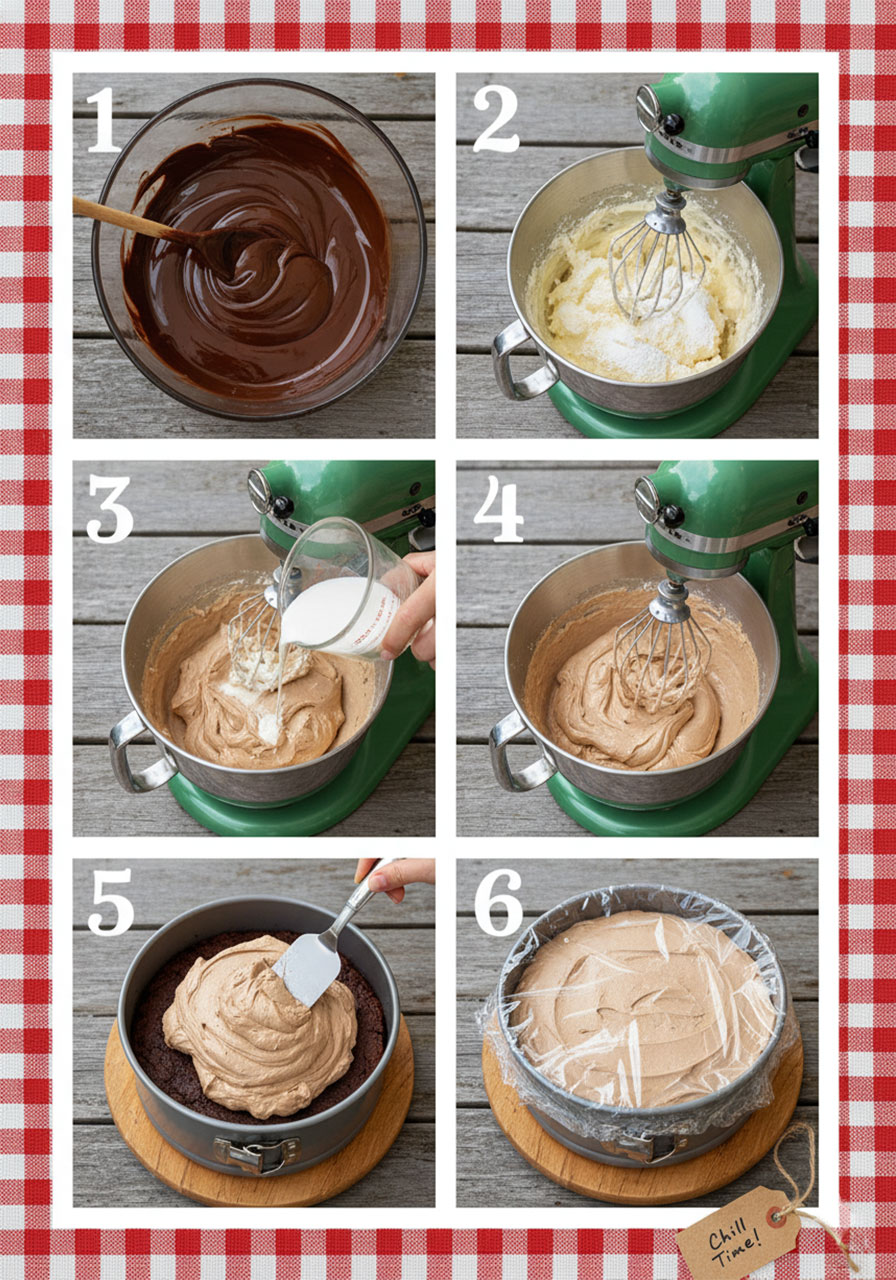Six-step instructional photos showing how to make the cream cheese chocolate mousse layer for gluten-free chocolate mousse cake