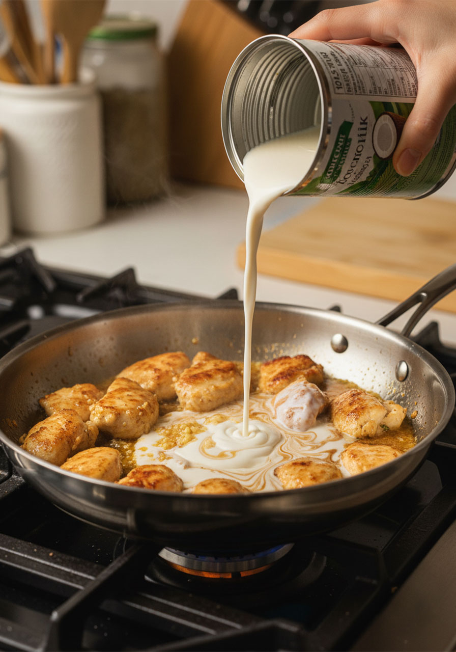 Pouring coconut milk into skillet with golden seared chicken to create creamy coconut sauce for rice bowl