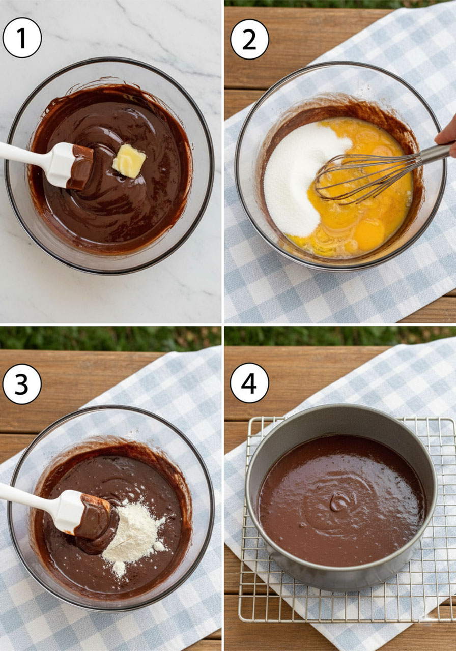 Step-by-step process photos showing how to make the brownie base for gluten-free chocolate mousse cake