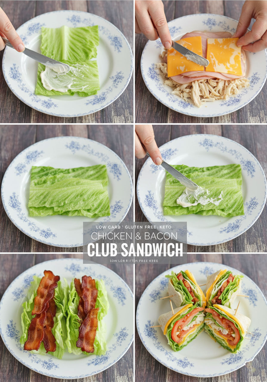 Step-by-step photo collage showing how to assemble a low carb keto chicken club sandwich with lettuce wraps in six stages