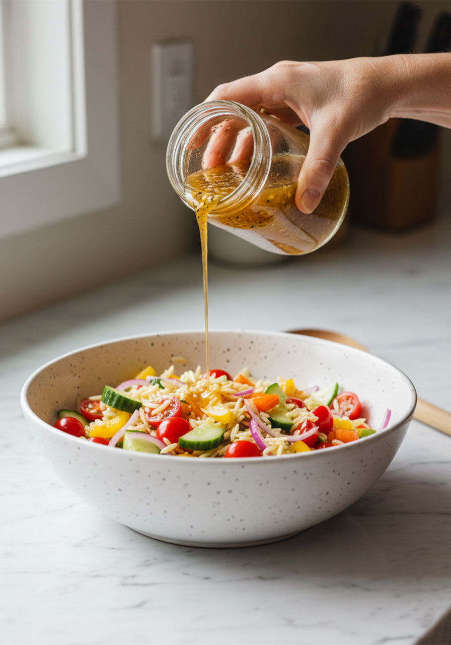 Pouring homemade red wine vinaigrette over rainbow orzo salad in a white ceramic bowl