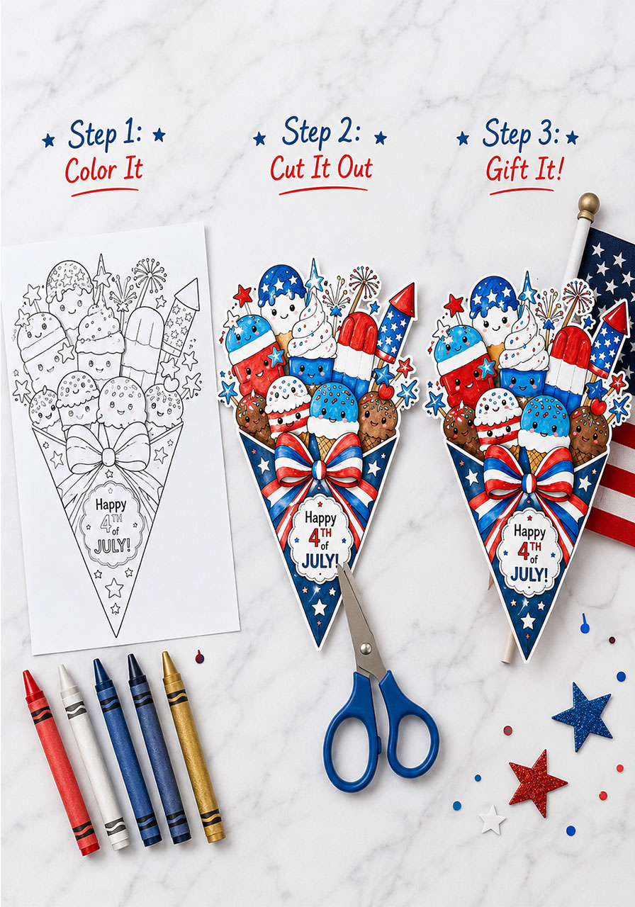 Step by step process showing how to color cut and gift the patriotic ice cream bouquet card printable for 4th of July