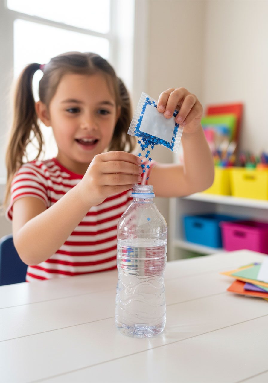 Young girl pouring blue star confetti into a clear water bottle to make a DIY patriotic sparkle bottle craft for 4th of July