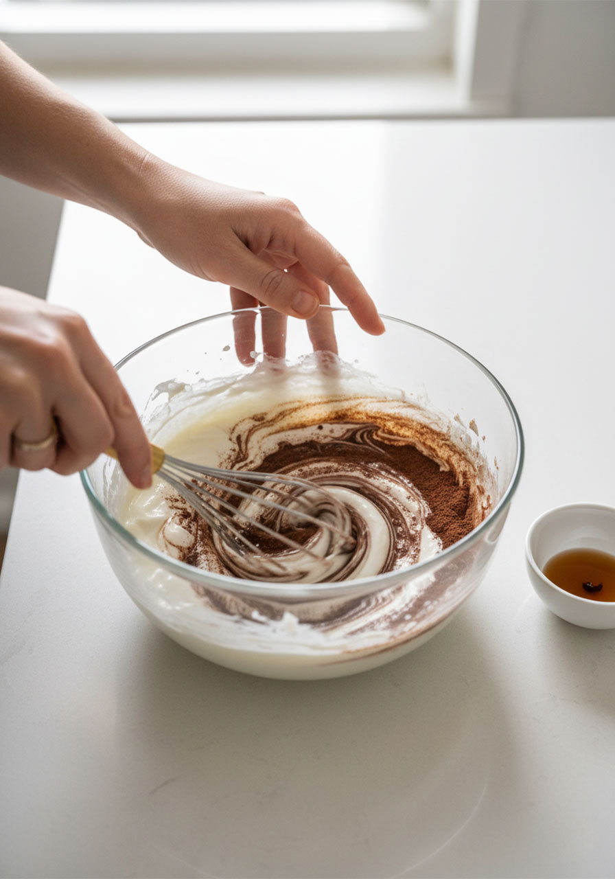 Hands whisking together Greek yogurt, chocolate protein powder, and cocoa powder in a glass bowl to make high protein chocolate pudding