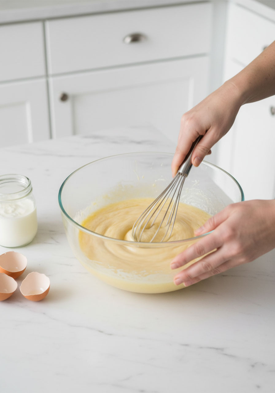 Woman whisking eggs, Greek yogurt, and melted butter together in a glass bowl to make zero carb keto yogurt bread batter