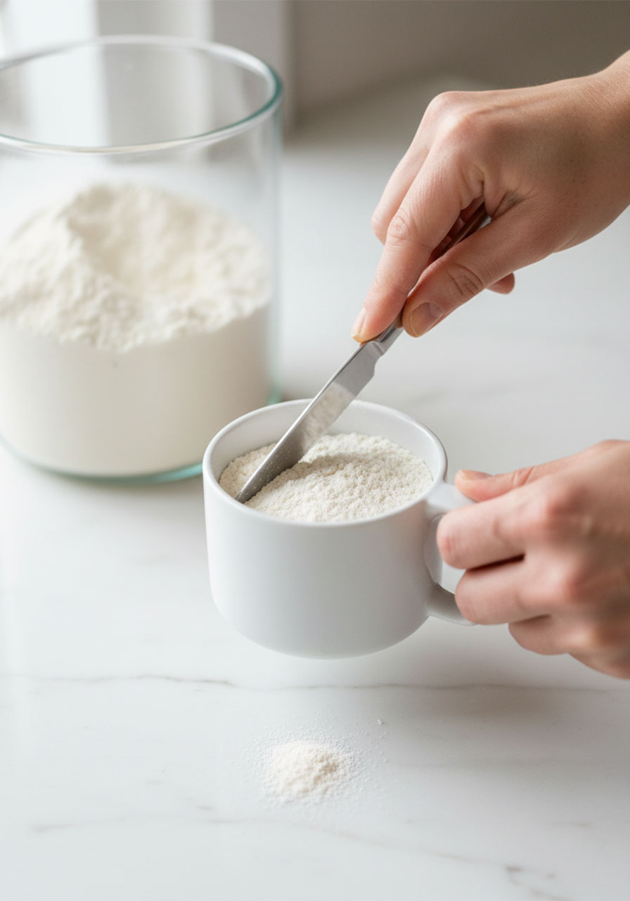 Adult woman's hands using the spoon-and-sweep method to correctly measure gluten-free flour into a measuring cup for lemon crinkle cookies