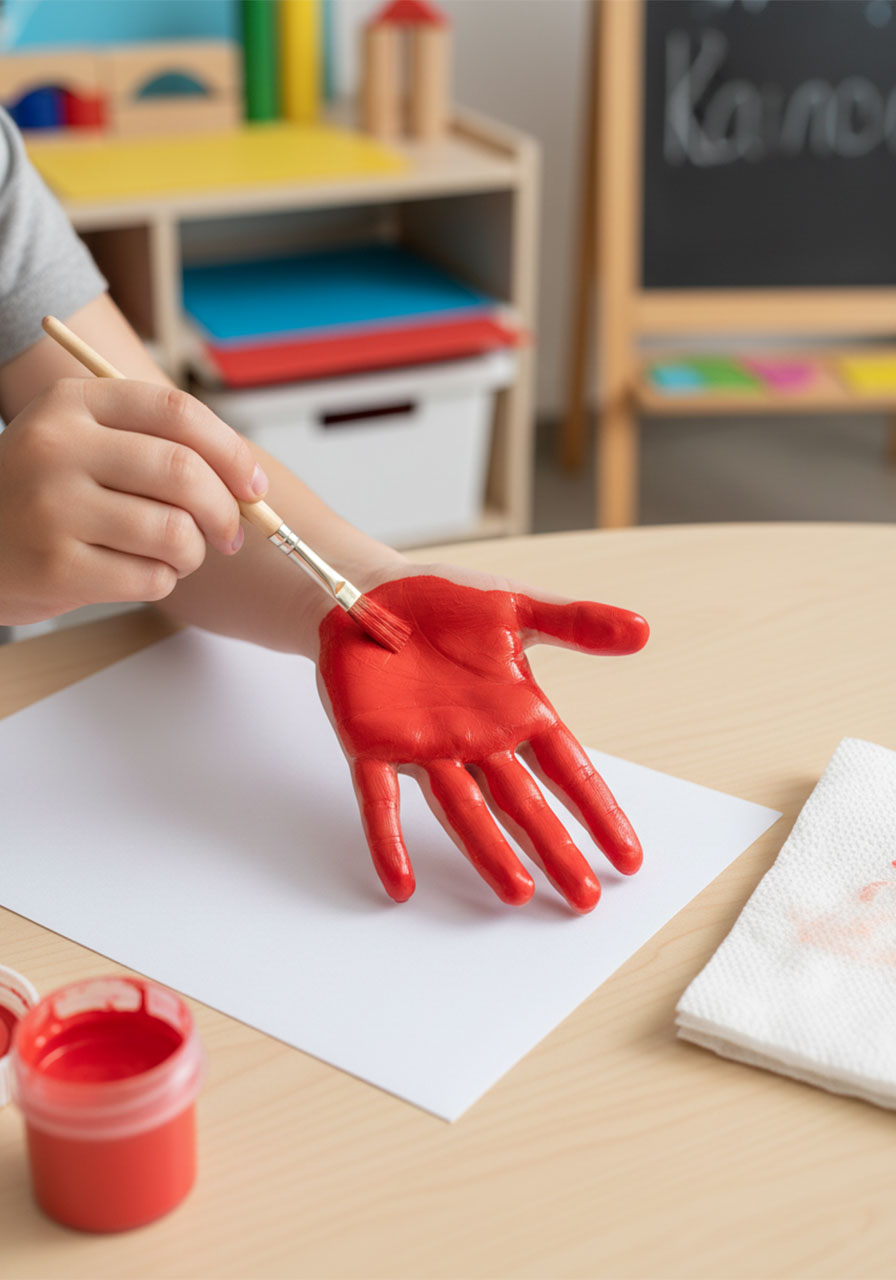 Adult painting a child's hand with red washable paint for a Father's Day handprint semi-truck craft