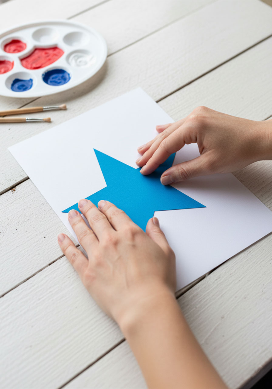 Adult hands centering a blue star template on white cardstock to prepare for Memorial Day fingerprint painting with kids
