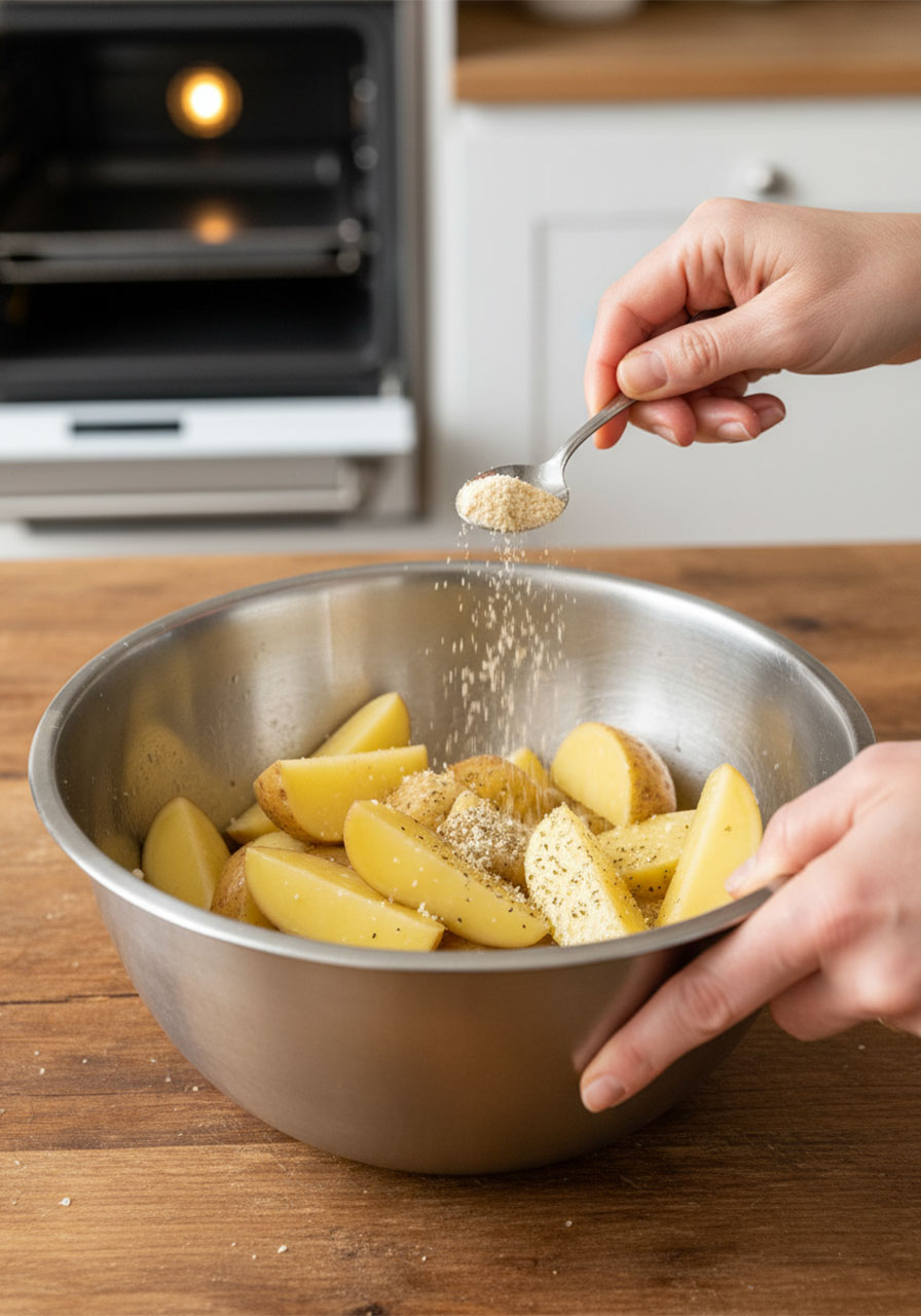 Woman tossing raw potato wedges with olive oil, garlic powder, Italian seasoning, and parmesan cheese in a large mixing bowl