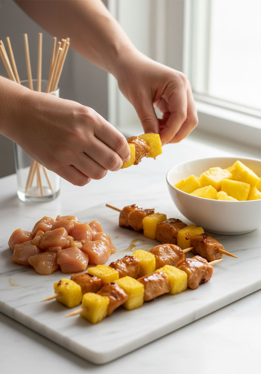 Step-by-step threading pineapple chunks and marinated chicken onto wooden skewers for grilled kabobs