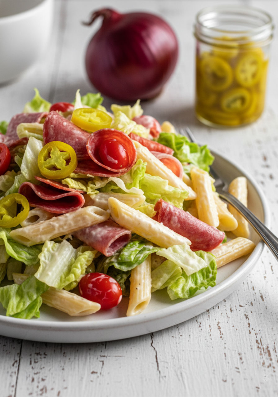 Single serving of Italian grinder pasta salad on a white plate with penne pasta, pepperoni, salami, ham, provolone, tomatoes, and creamy dressing