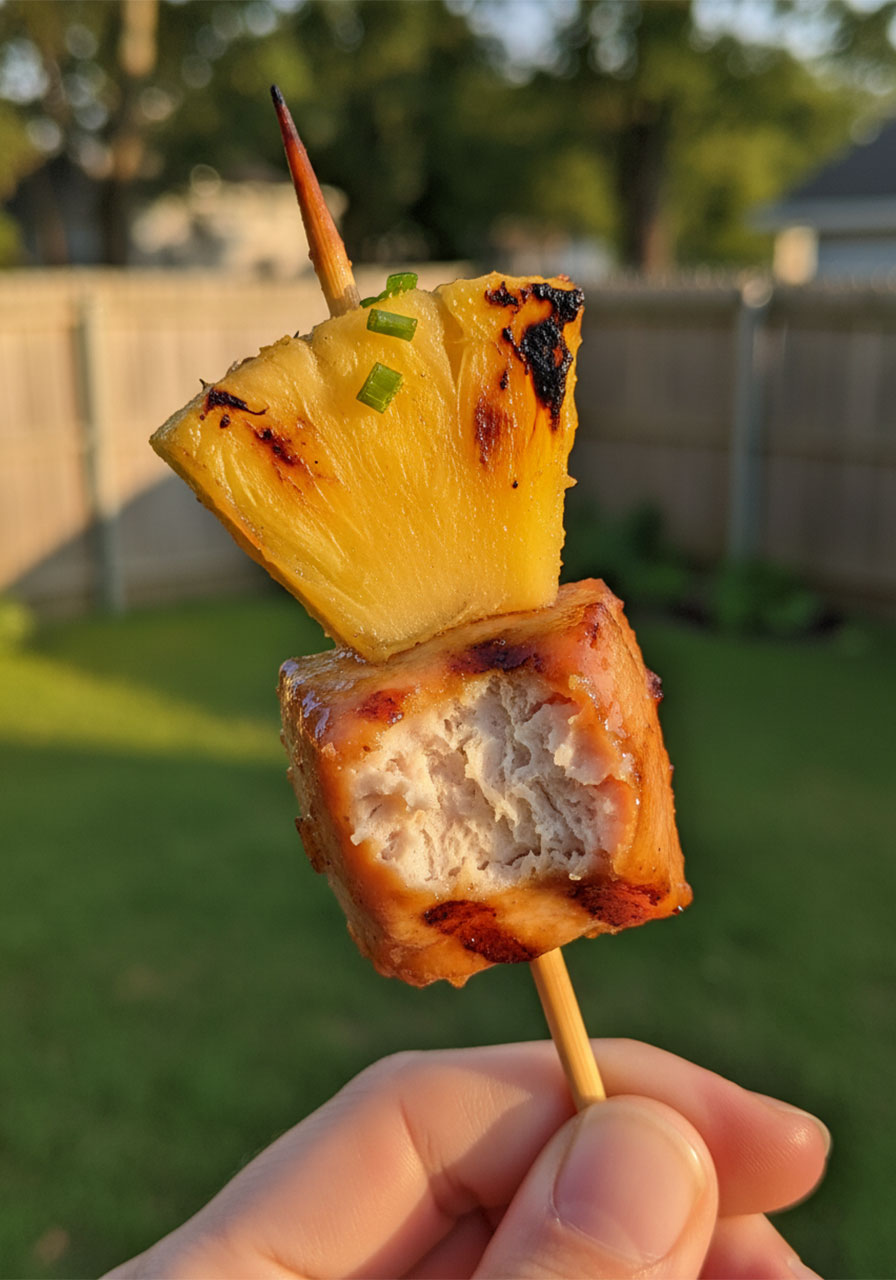 Close-up of a juicy grilled pineapple chicken kabob with honey soy glaze and caramelized pineapple