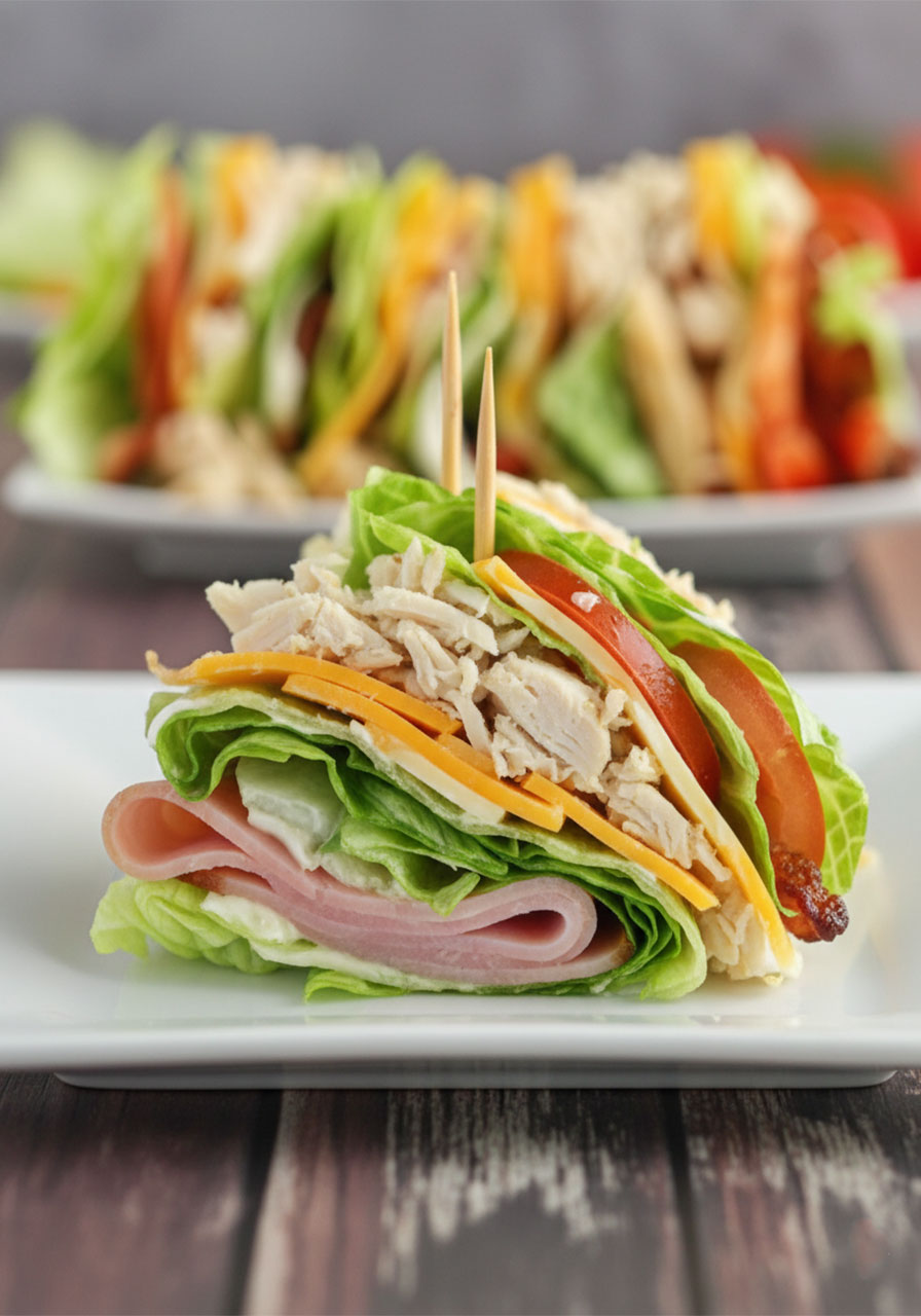 Close-up cross-section of a keto low carb chicken club sandwich showing all layers including lettuce, chicken, bacon, ham, cheese, and tomato