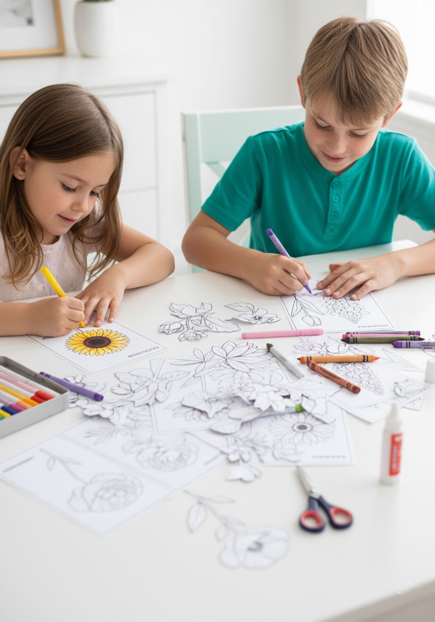 Kids coloring printable flower bouquet crafts at DIY flower bar activity
