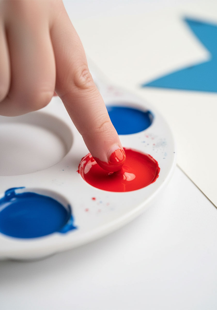 Young child dipping index finger into red acrylic paint on palette to start making fingerprint dots for Memorial Day star craft