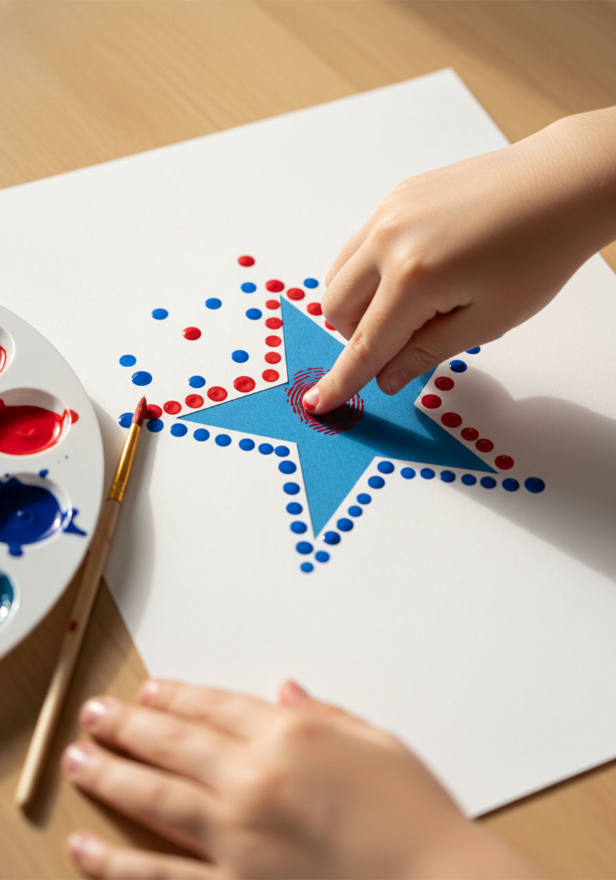 Young child pressing red fingerprint dots around a star template on white paper as part of a Memorial Day craft activity