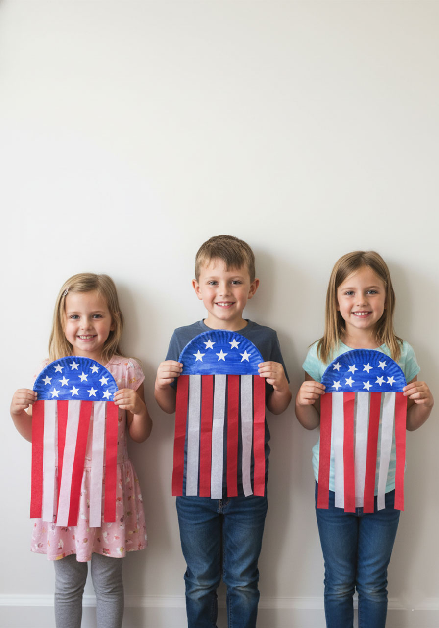 Three kids proudly holding their finished paper plate American flag crafts, perfect patriotic activity for 4th of July or Memorial Day