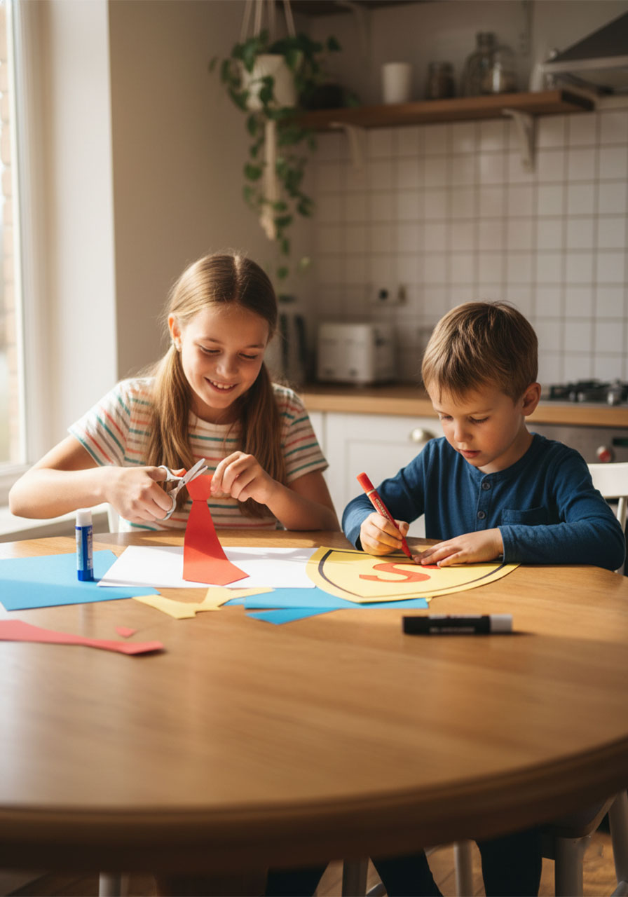 Two children crafting DIY superhero Father's Day cards together at kitchen table cutting and drawing