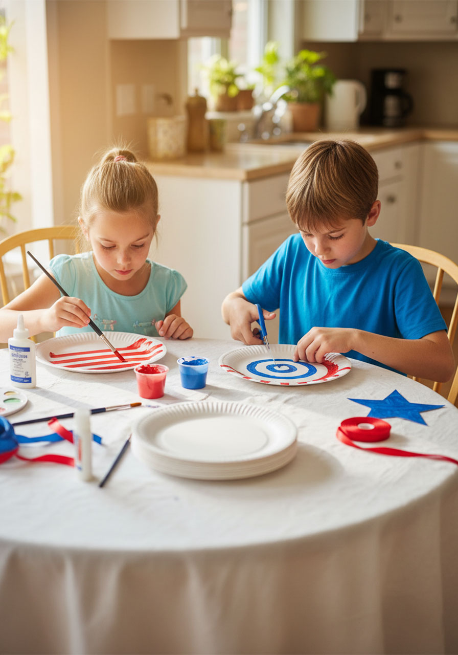 Two kids crafting patriotic paper plate wind catchers together at kitchen table for 4th of July activity