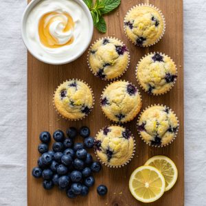 Lemon blueberry cottage cheese protein bites served on a brunch board with Greek yogurt, fresh blueberries, and honey