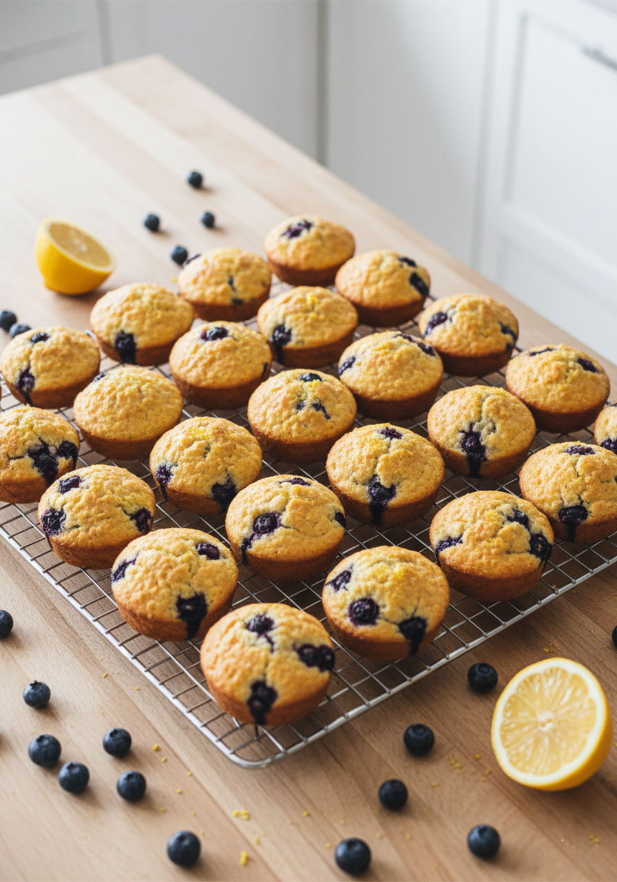Lemon blueberry cottage cheese protein bites cooling on a wire rack, golden and studded with whole blueberries