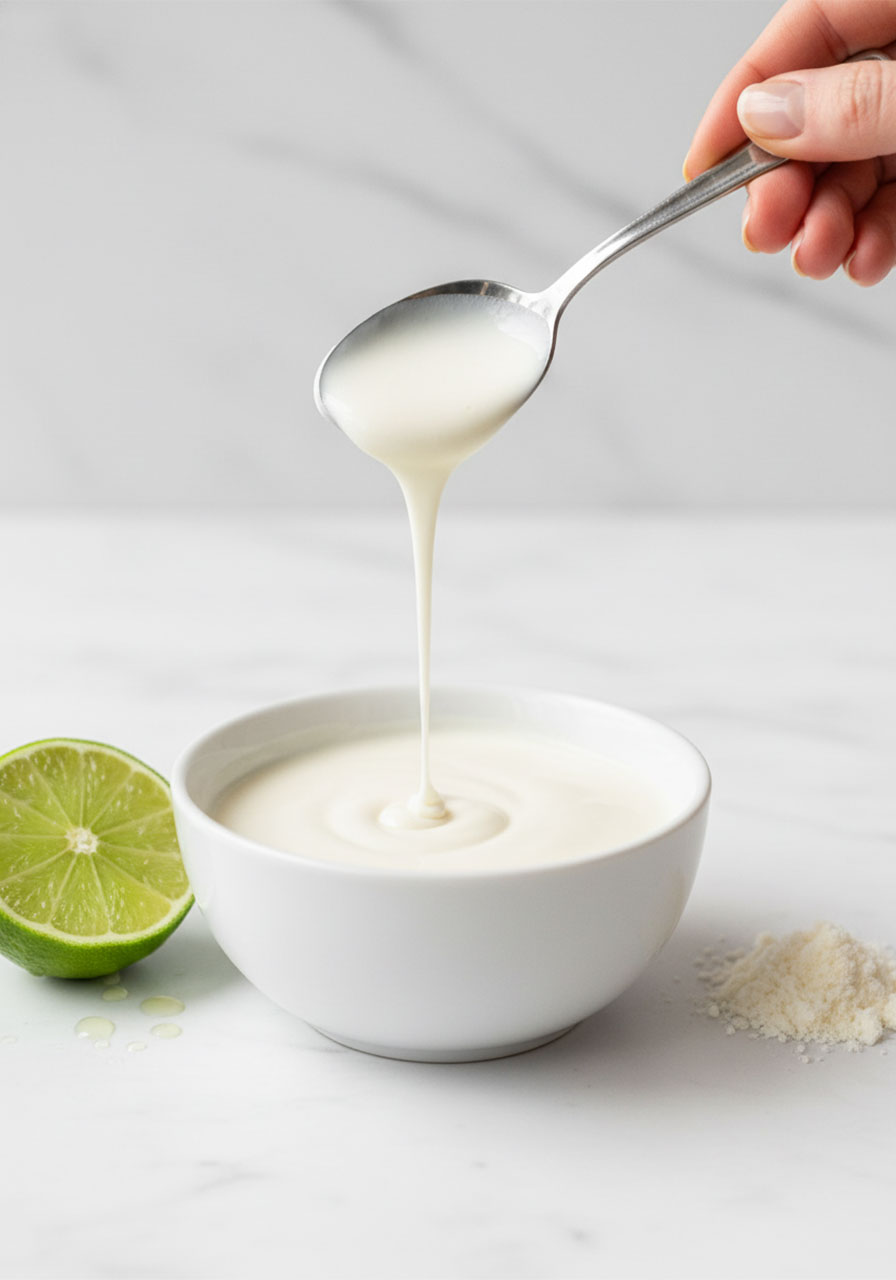 Homemade lime crema sauce being prepared for street corn chicken rice bowl with fresh lime and garlic