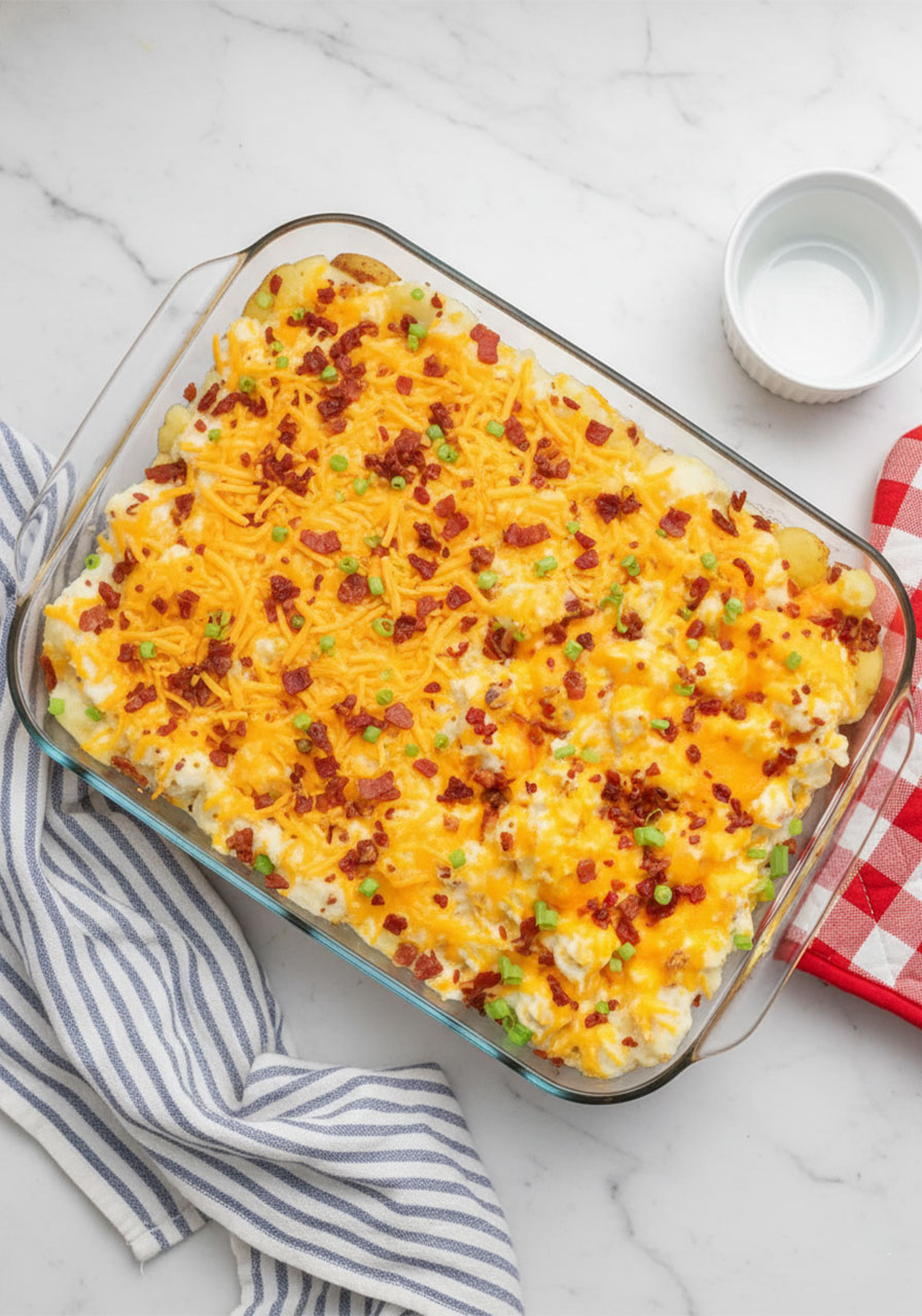 Assembled loaded baked potato casserole in a glass baking dish topped with shredded cheddar cheese and crumbled bacon, ready to go in the oven