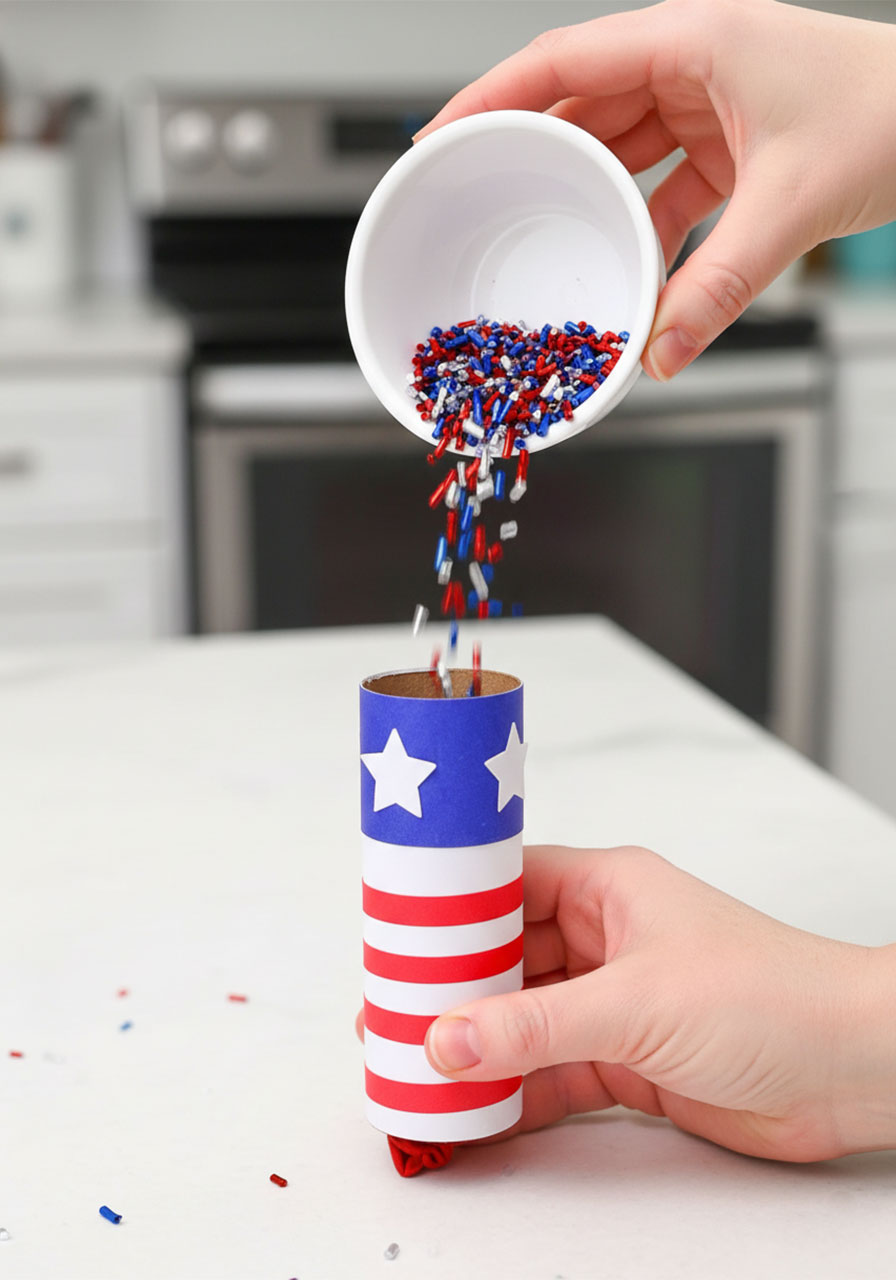 Pouring red white and blue confetti into a completed DIY 4th of July confetti popper held vertically