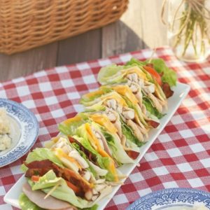 Four triangular low carb chicken club sandwich wedges on a white plate showing layers of chicken, bacon, ham, cheddar, tomato, and lettuce
