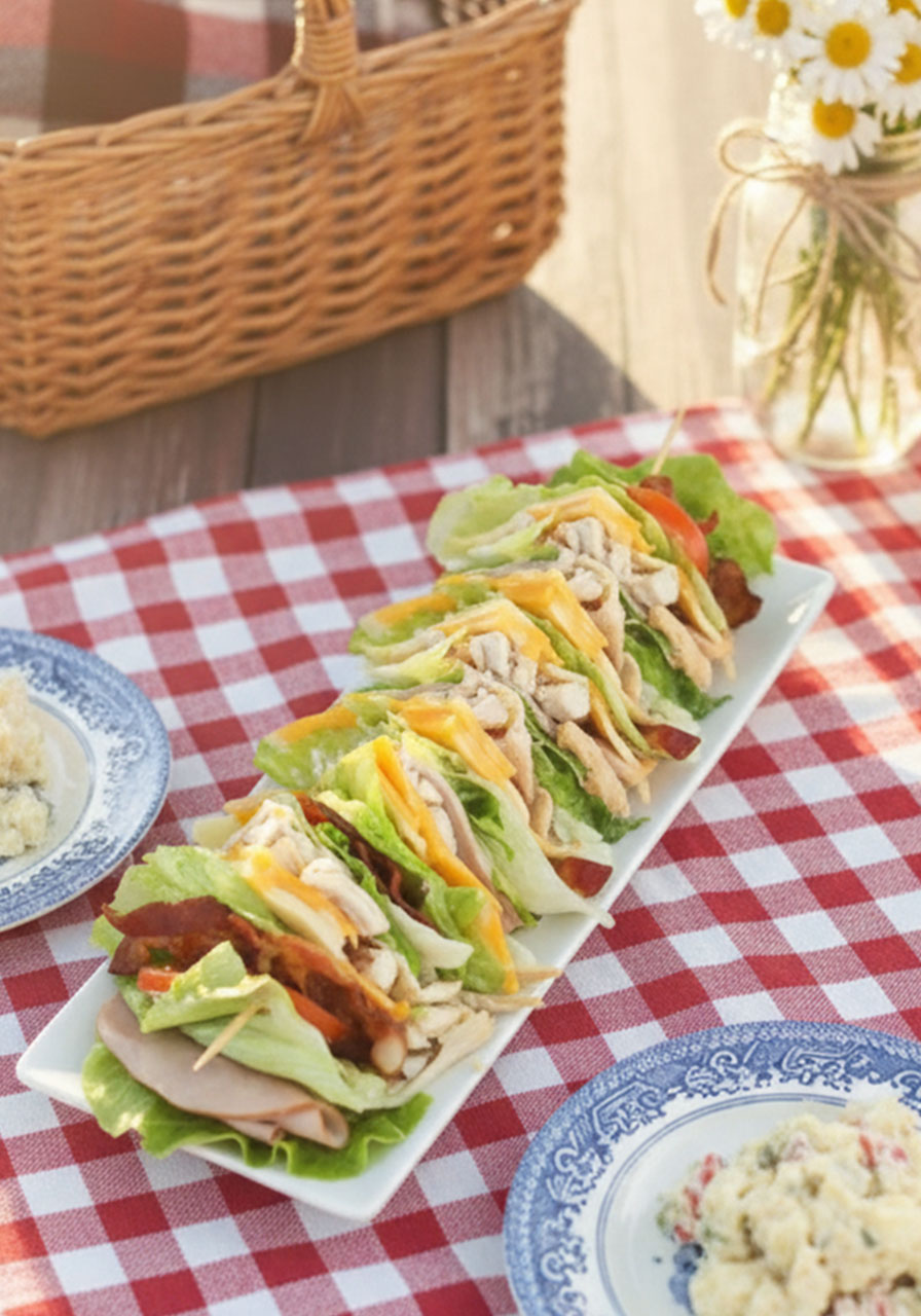 Four triangular low carb chicken club sandwich wedges on a white plate showing layers of chicken, bacon, ham, cheddar, tomato, and lettuce