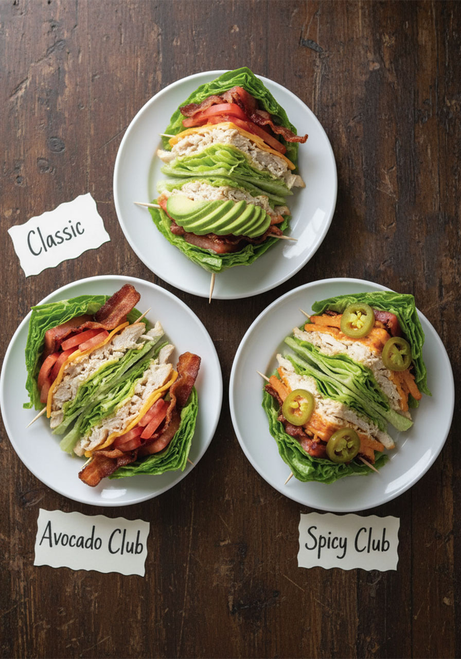 Three low carb keto chicken club sandwich variations on white plates — classic, avocado, and spicy — all made with lettuce wraps