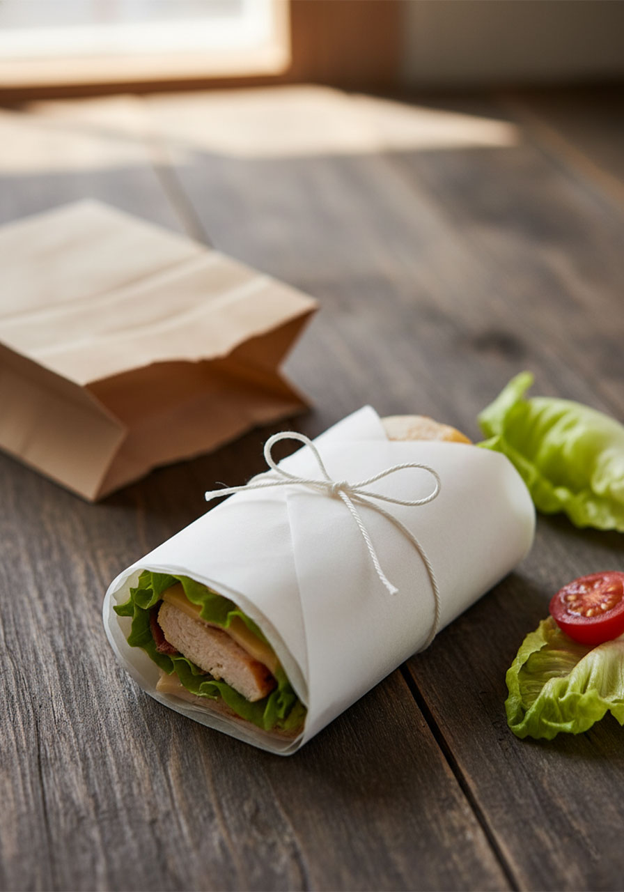 Low carb keto chicken club sandwich wrapped in parchment paper for an easy on-the-go gluten-free lunch