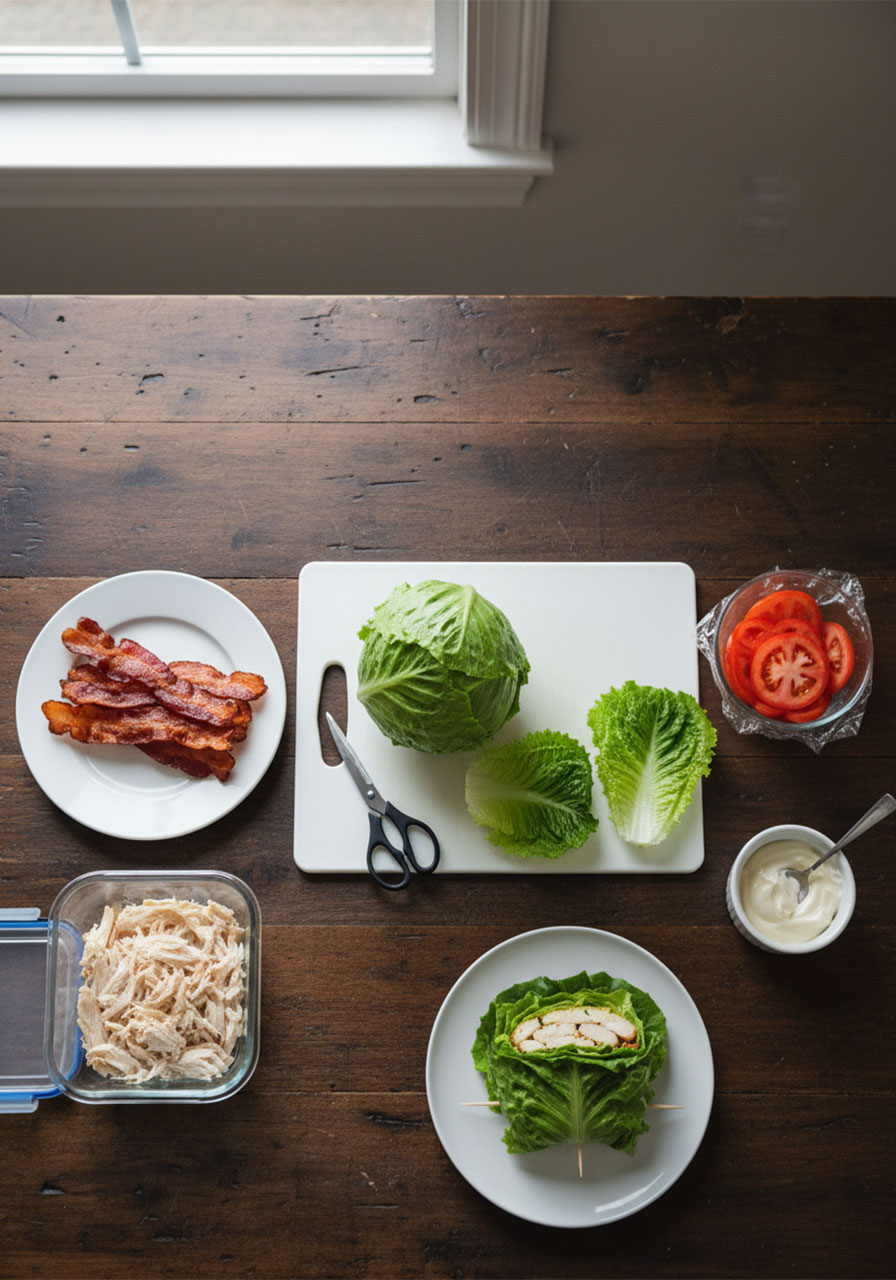 Keto low carb chicken club sandwich meal prep layout with pre-cooked chicken, bacon, lettuce, tomato, and mayo ready to assemble